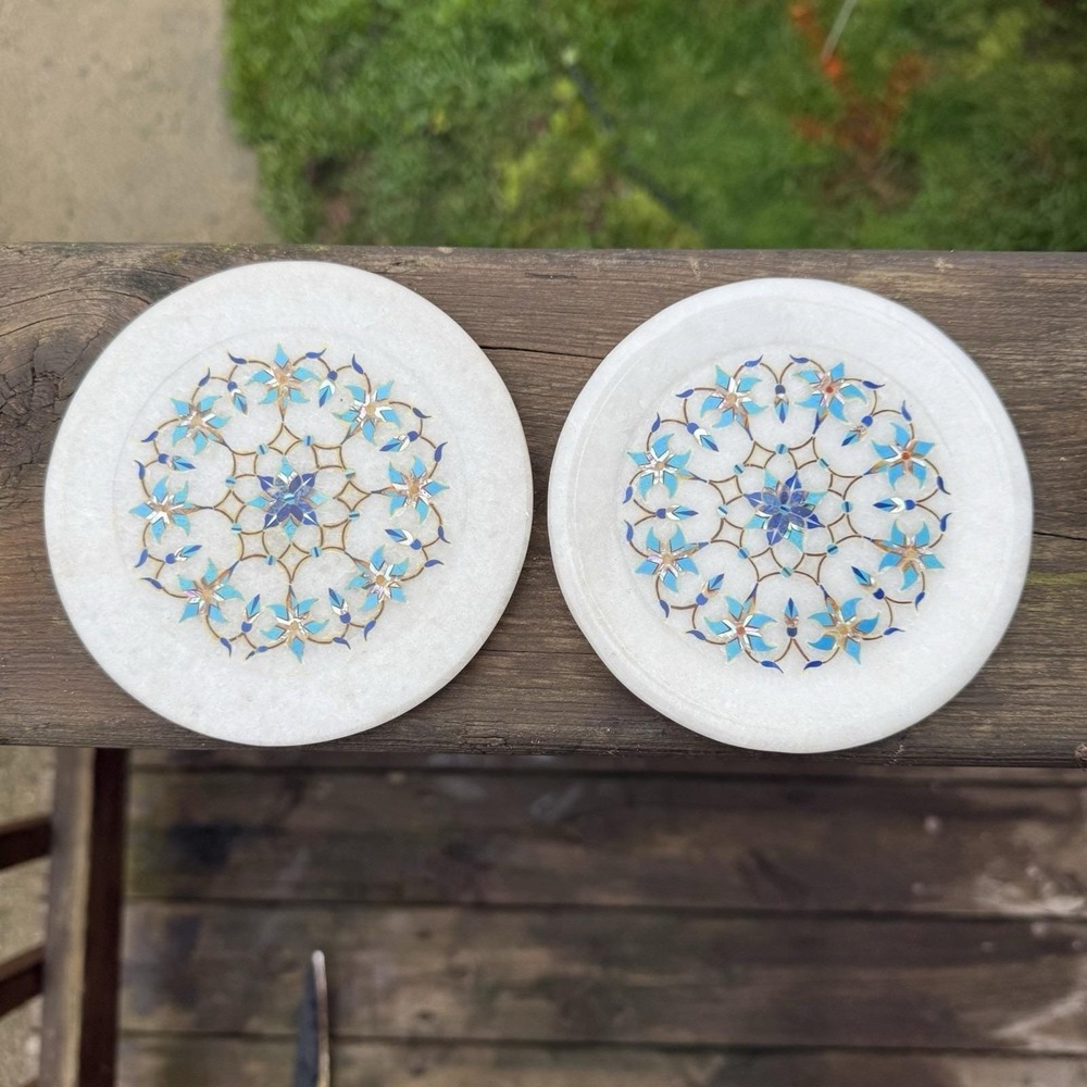 Inlaid Marble Wall Plates Malachite Other Stones 5" Set Of 2 Blue Inlay Numbered